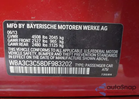 2013 BMW 320I xDrive from USA, damaged, VIN WBA3C3C58DF983202